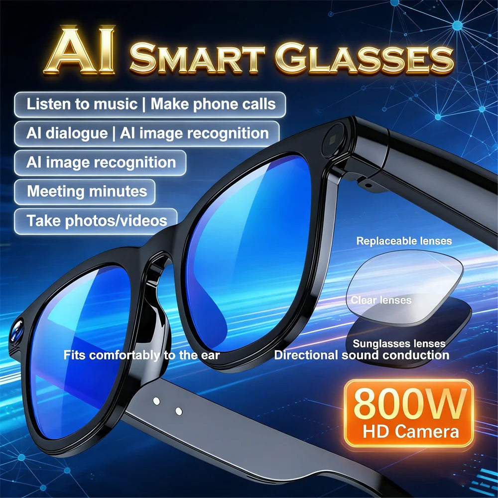 Okulary AI Smart 2025 - Kamera 8MP, Nagrywanie Wideo, Tłumaczenie 100+ Języków