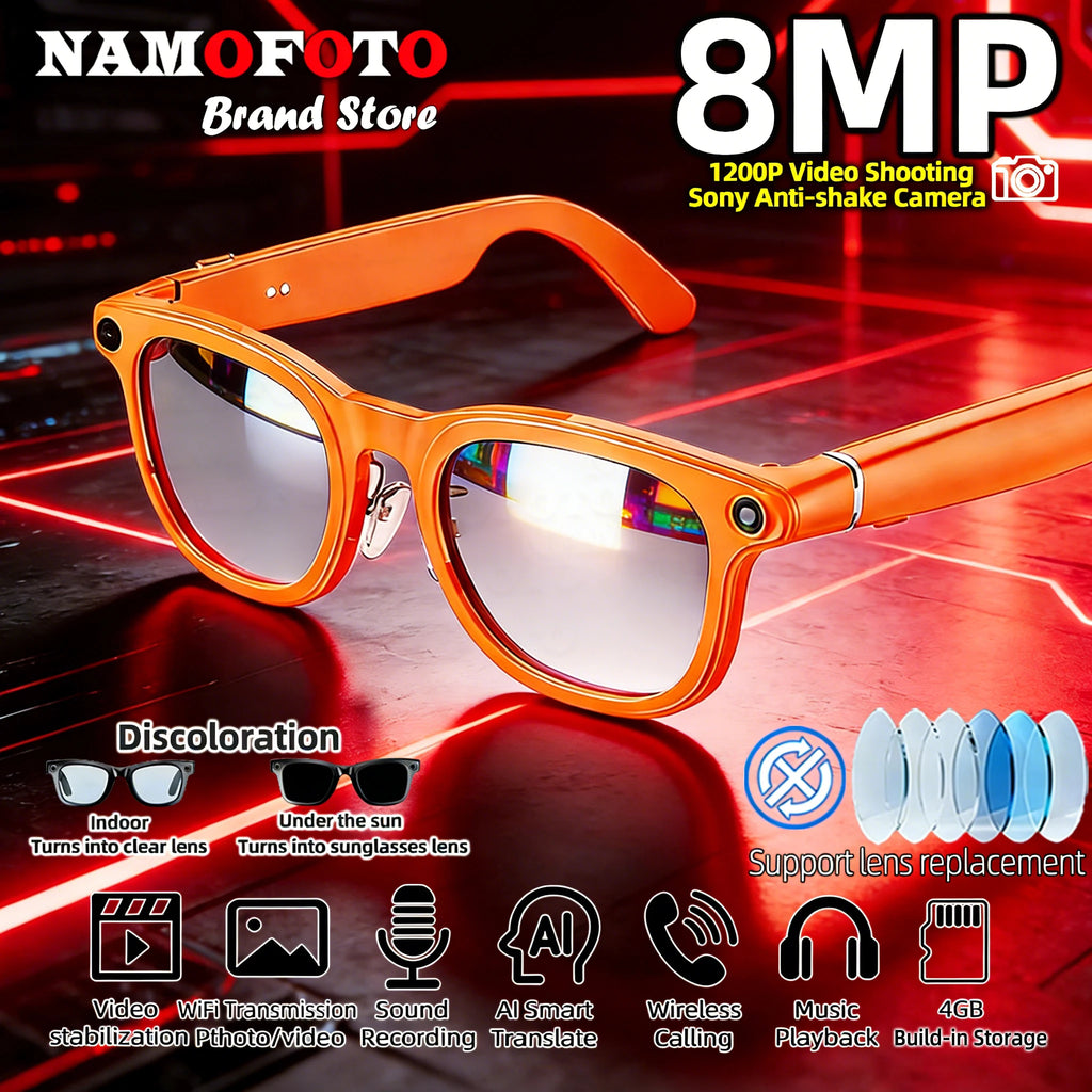 2026 New AI Smart Glasses 8MP Anti-shake Camera 1200P Video Recording Real-time Translation Music BT Call Sunglasses Men Women