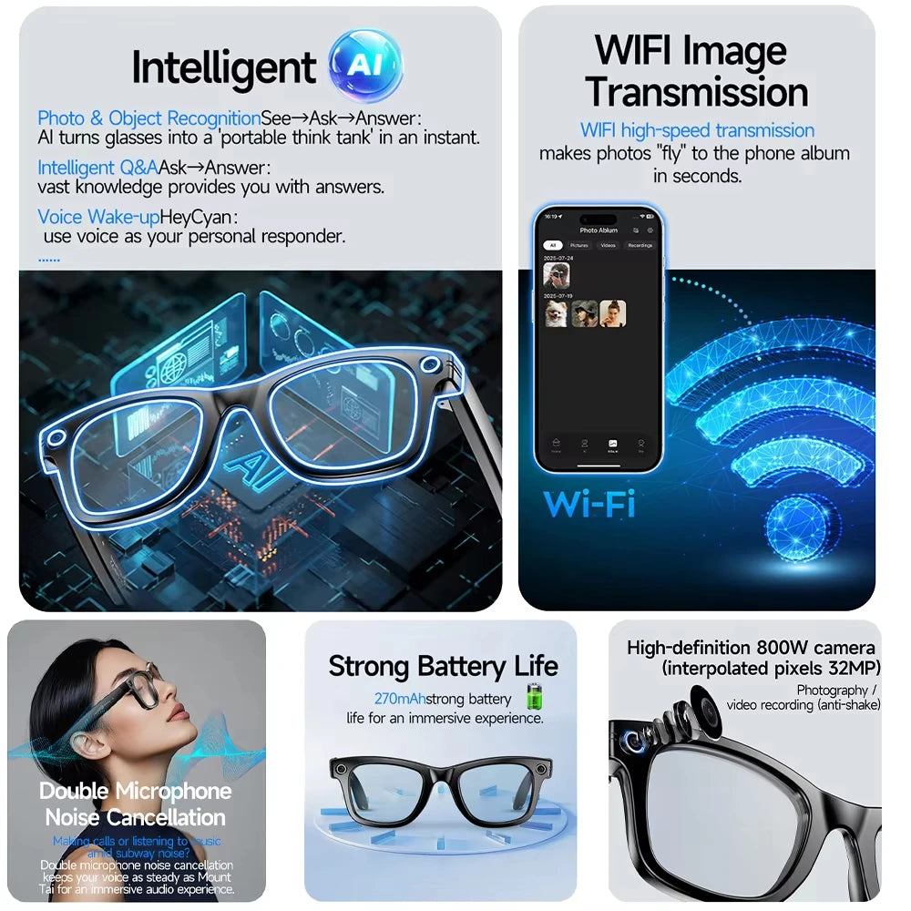 AI Smart Glasses 8MP Camera 32MP Photo 1200P Video Shooting Voice Asistant Real-time Translation BT Call Music Play Sunglasses