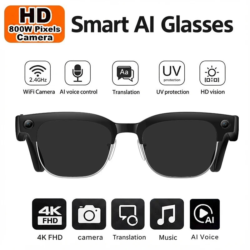 AI Smart Glasses Camera 2026 Bluetooth Headphones Translator Sunglasses Touch Control Photochromic Anti Blue Light Eyeglasses