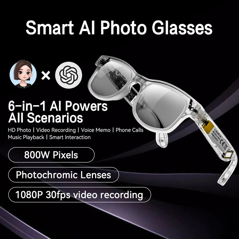 800W Smart AI glasses camera Bluetooth video recording calling AI translation music control ChatGPT Long Battery Life Glasses