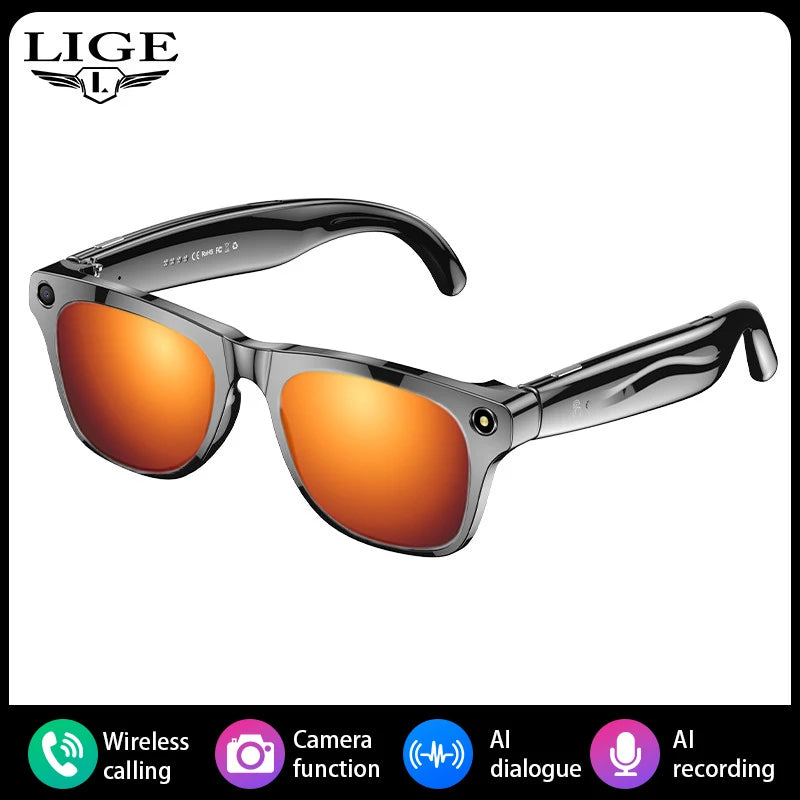 LIGE Smart AI Camera Glasses Take Photos Video With HD Camera AI Translation Object Recognition Bluetooth Call Music Sunglasses