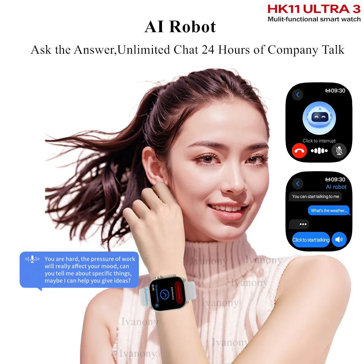 Ivanony Smart Watch HK11 ULTRA 3 2.02inch Amoled Screen Bluetooth Network Sharing AI Robot Offline Voice Wake Up Smartwatch 2025