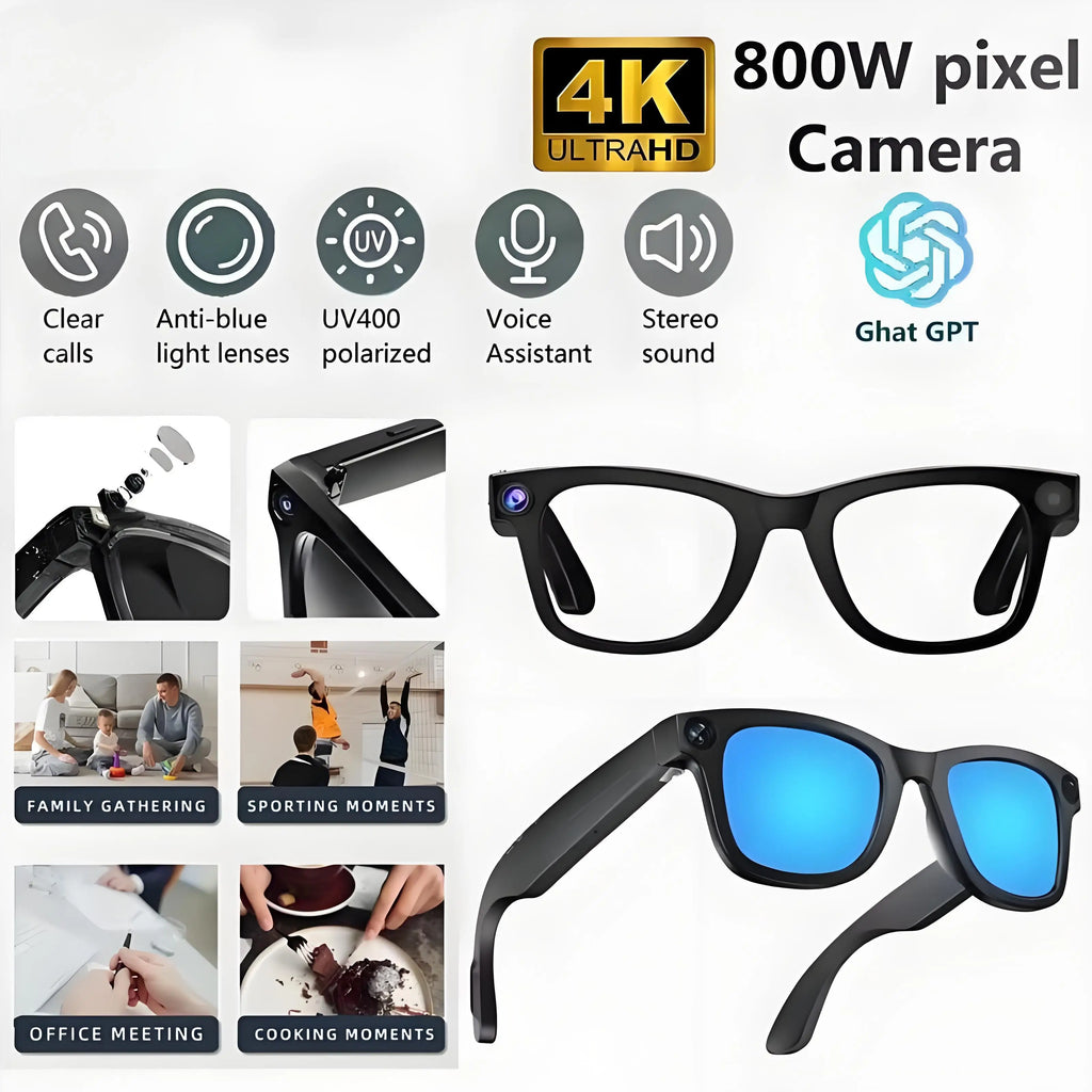 Okulary AI 4K Smart 2026 - Kamera 800W, Tłumaczenie, Wodoodporne, Bluetooth