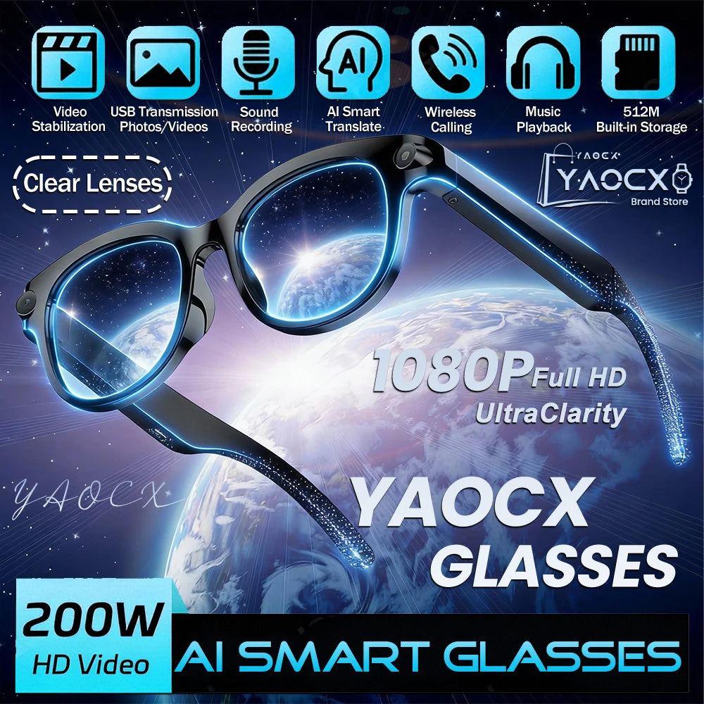 AI Smart Glasses 2026 with 200W HD Camera, 1080P Translation, AI Voice Assistant, Music Playback & LED Flashlight for Men and Wo
