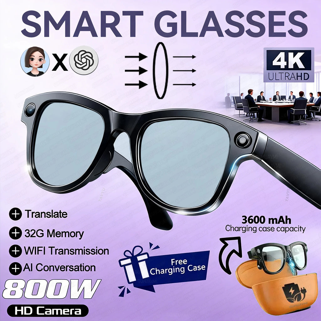 New AI Smart Glasses with 8MP Camera, 4K Video & HD Photo Bluetooth Audio , Real-Time Translation Noise-Cancel Calls Music 2026