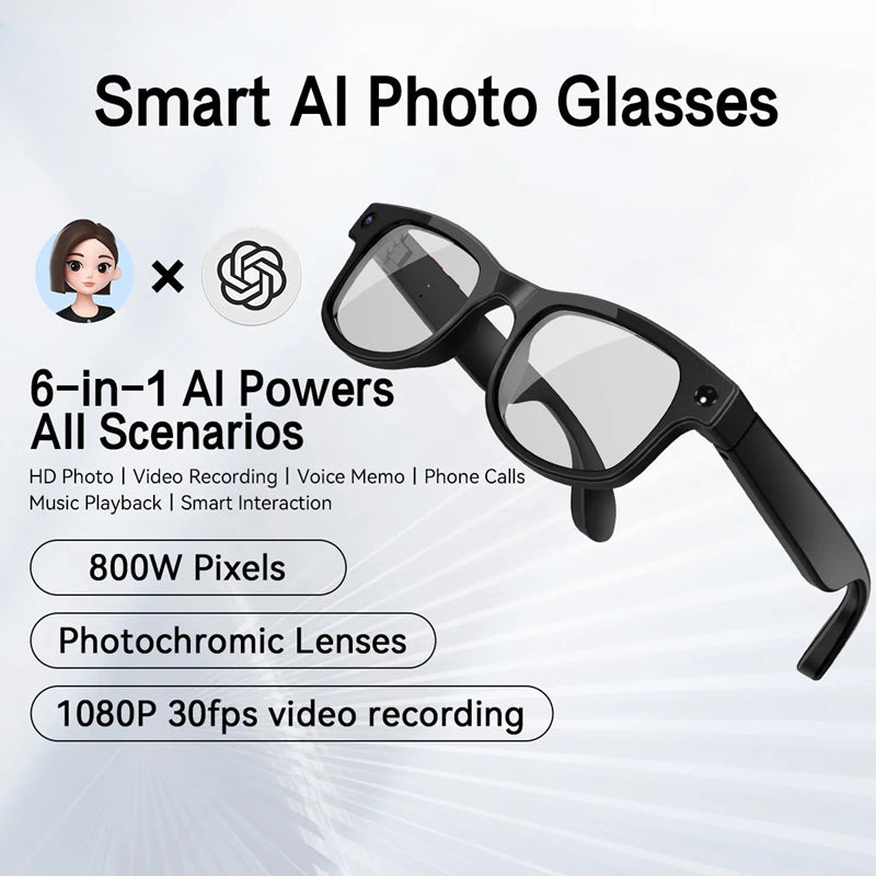 Okulary AI 800W Smart - Kamera, Bluetooth, Nagrywanie, ChatGPT, Długa Bateria