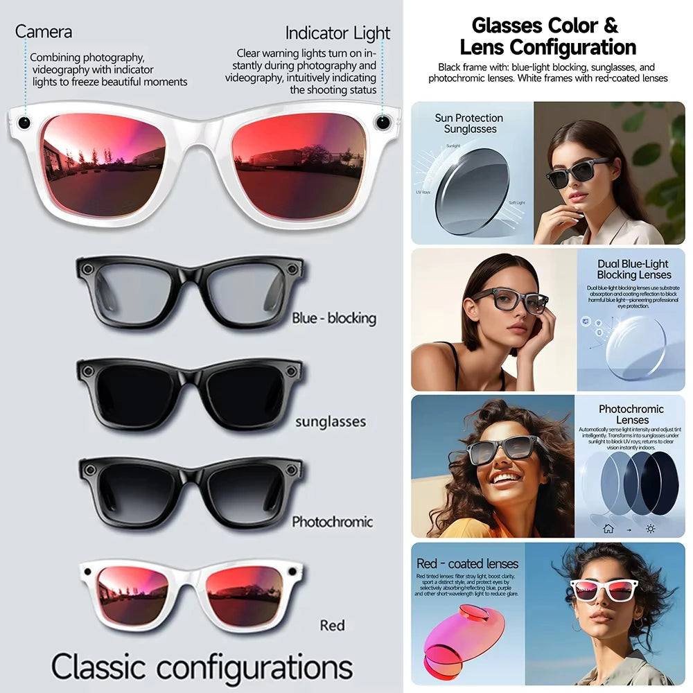 AI Smart Glasses 8MP Camera 32MP Photo 1200P Video Shooting Voice Asistant Real-time Translation BT Call Music Play Sunglasses