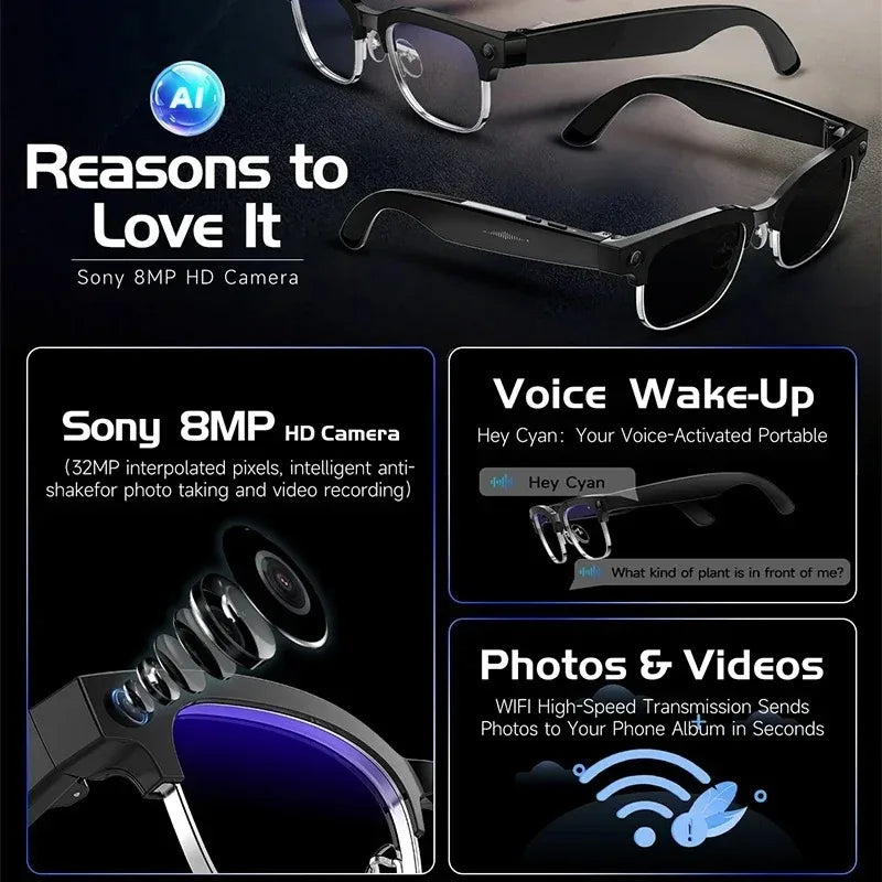 AI Smart Glasses 8 Million Pixels Recording Videos Photo Recognition Answer Translation 290mAh IP66 Waterproof Bluetooth Glasses