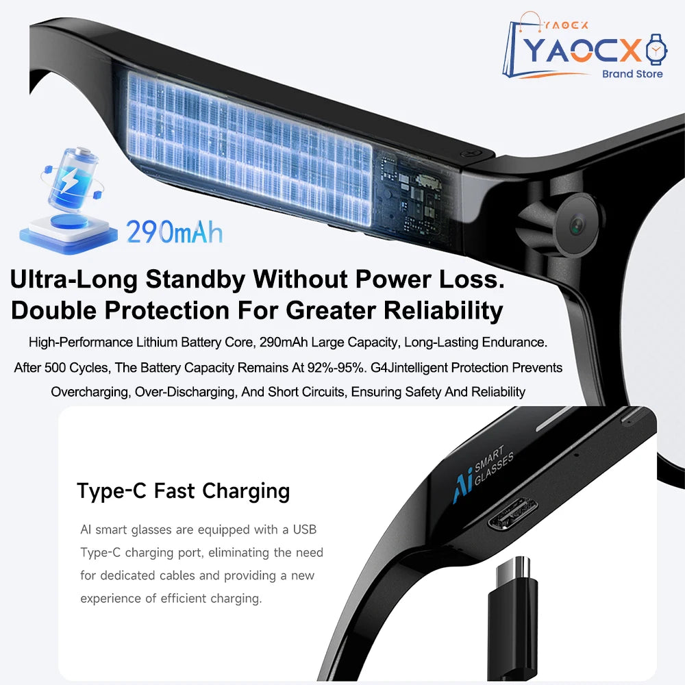 AI Smart Glasses 2026 with 200W HD Camera, 1080P Translation, AI Voice Assistant, Music Playback & LED Flashlight for Men and Wo