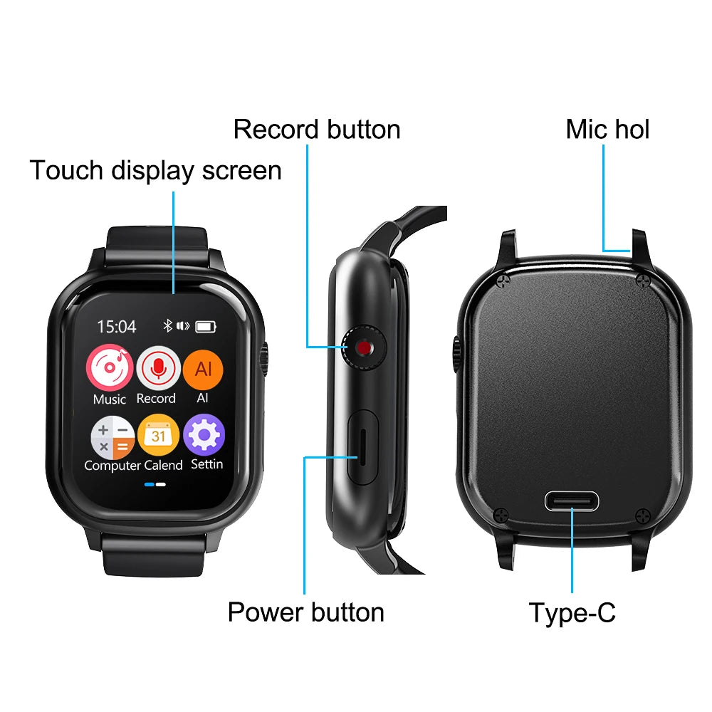 V82 Watch AI Touchable Voice Recorder AI Translation Summarization Real-Time Multilingual Blue Tooth Connect to App Large Screen