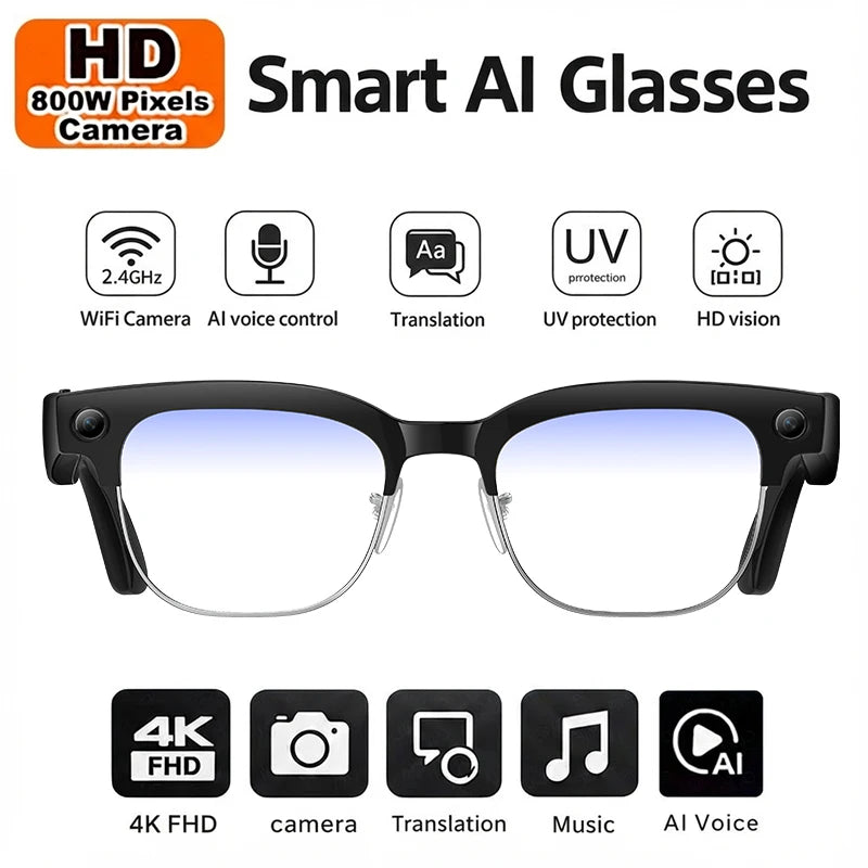 AI Smart Glasses Camera 2026 Bluetooth Headphones Translator Sunglasses Touch Control Photochromic Anti Blue Light Eyeglasses