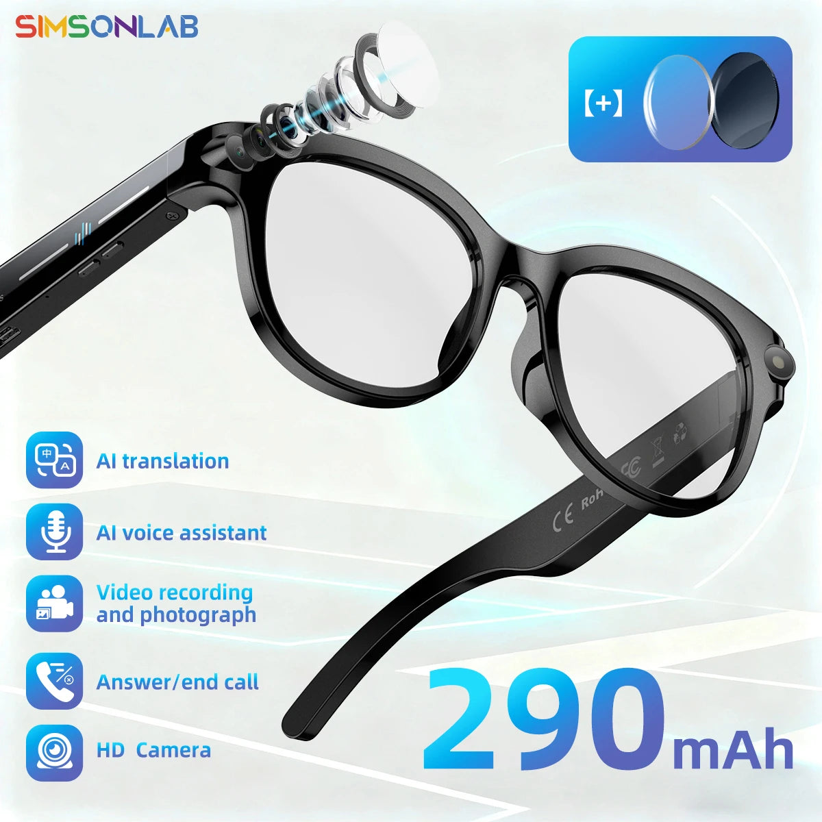 AI Smart Glasses HD Camera LED light AI Translation Dialogue 290mAh Battery Meeting Video Record Outdoor Sports Sunglasses Gifts