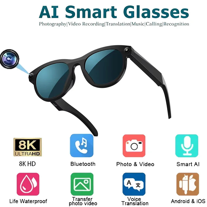 AI Smart Camera Glasses Translation 8K HD Camera Glasses Multifunctional Bluetooth 5.3 Calling Voice Assistant Music New
