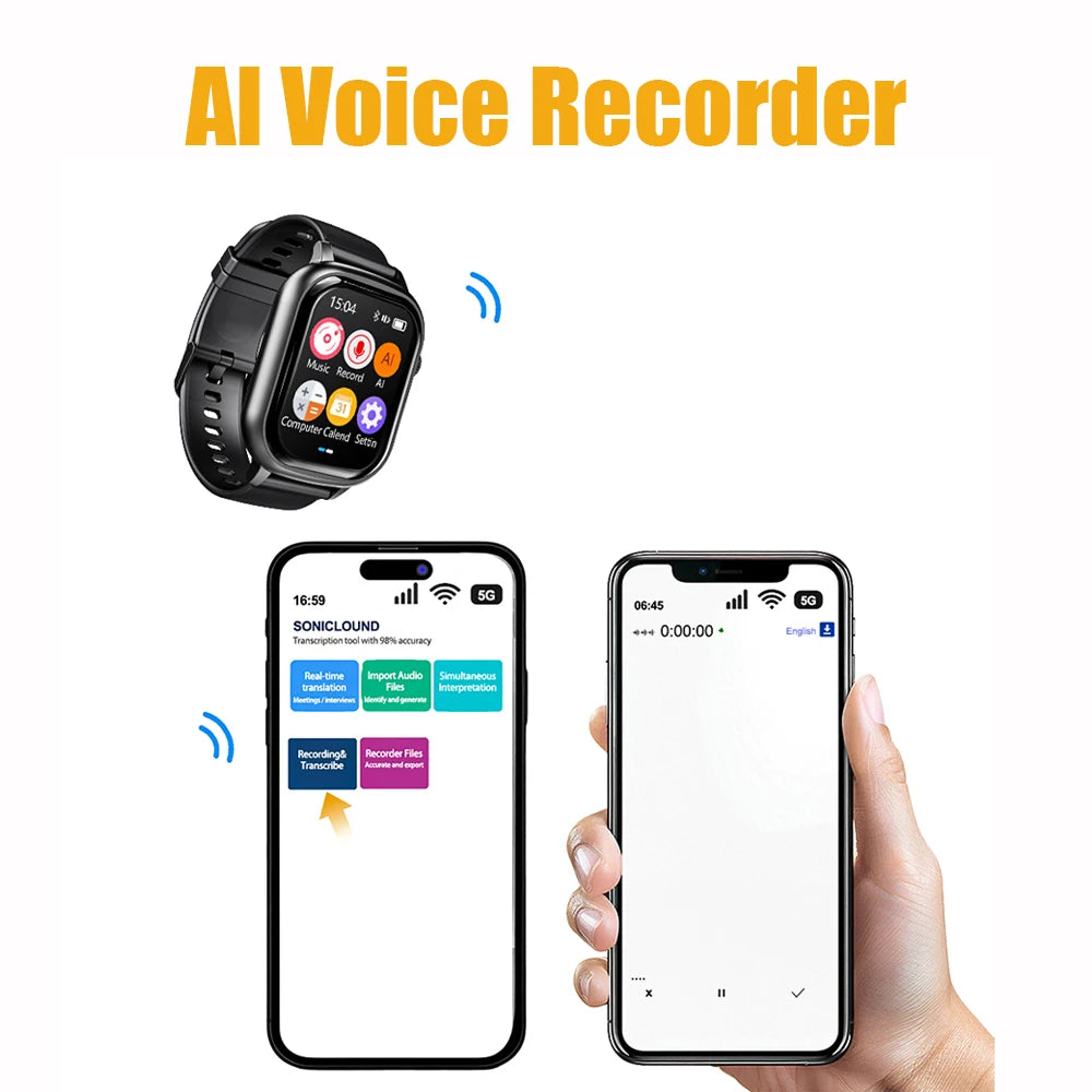 V82 Watch AI Touchable Voice Recorder AI Translation Summarization Real-Time Multilingual Blue Tooth Connect to App Large Screen