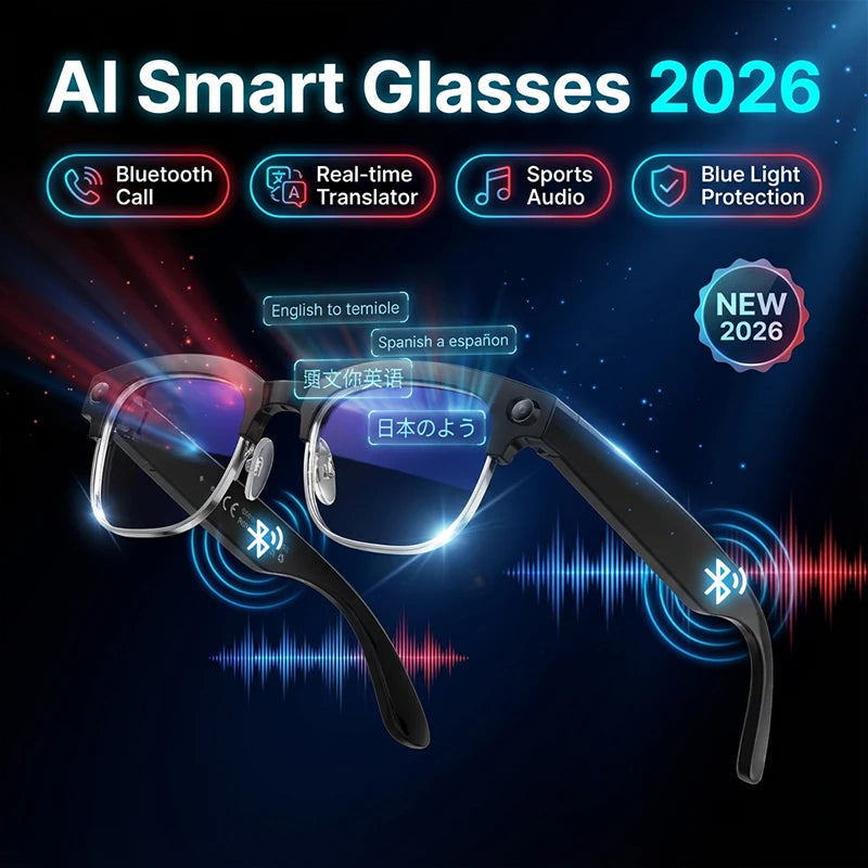 AI Smart Glasses Camera 2026 Bluetooth Headphones Translator Sunglasses Touch Control Photochromic Anti Blue Light Eyeglasses