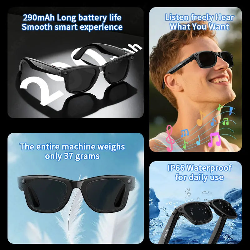 AI Smart Glasses 5 Million Pixels Recording Videos Photo Recognition Answer Translation 290mAh IP66 Waterproof Bluetooth Glasses