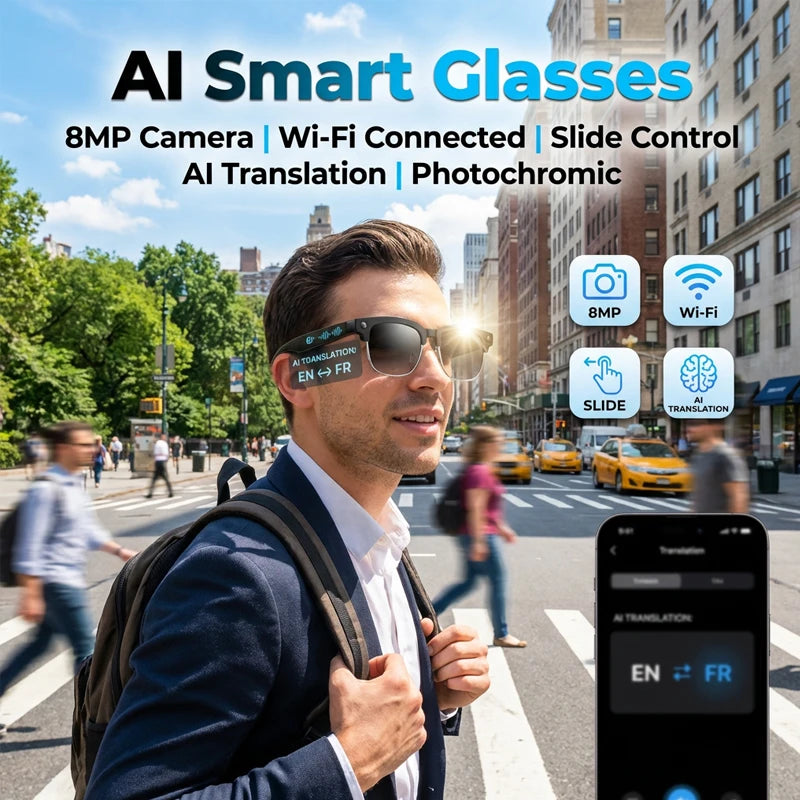 AI Smart Glasses Camera 2026 Bluetooth Headphones Translator Sunglasses Touch Control Photochromic Anti Blue Light Eyeglasses