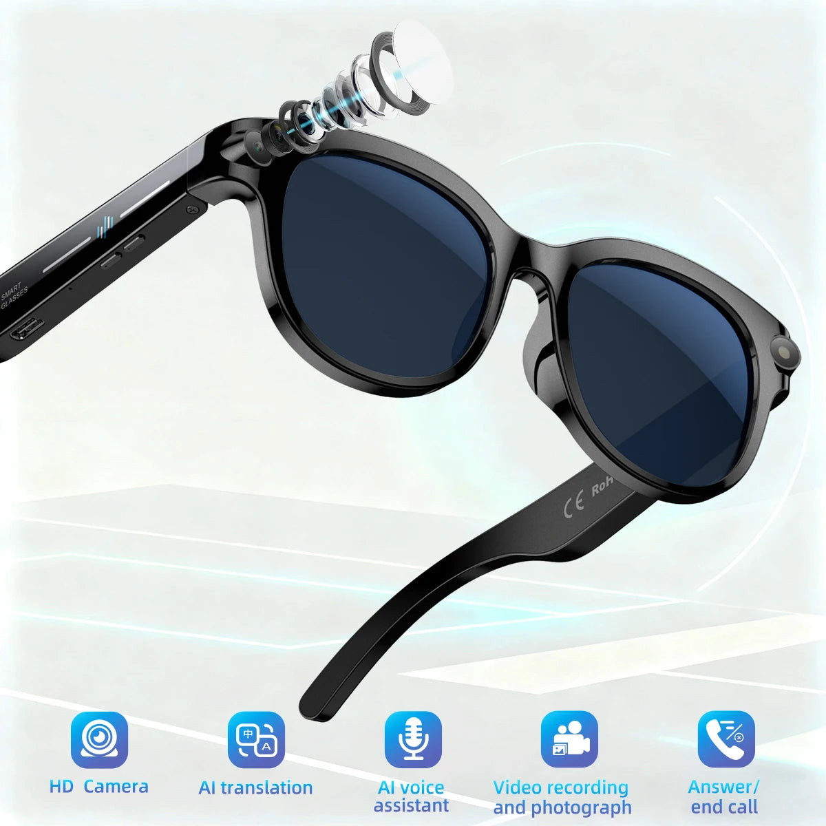 AI Smart Glasses HD Camera LED light AI Translation Dialogue 290mAh Battery Meeting Video Record Outdoor Sports Sunglasses Gifts