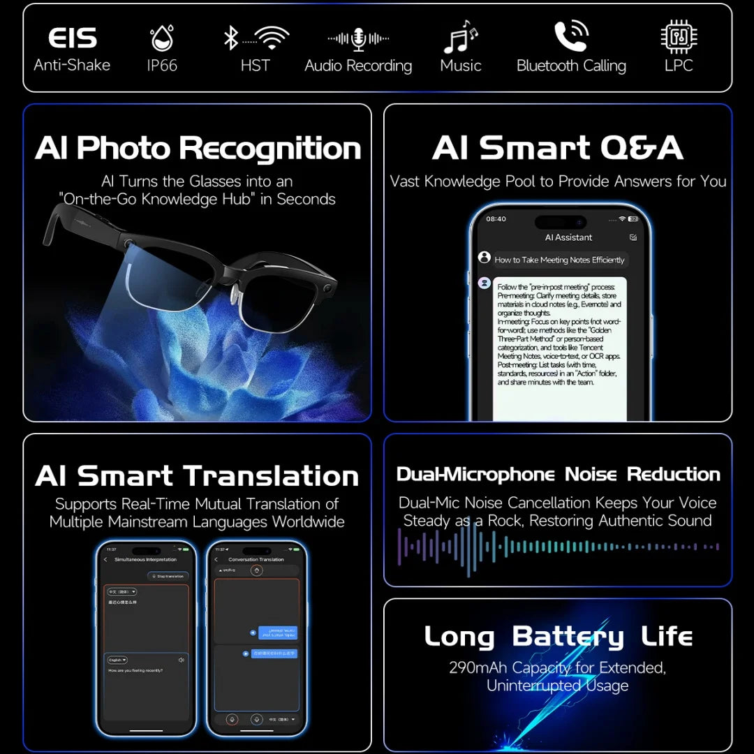 AI Smart Glasses 8 Million Pixels Recording Videos Photo Recognition Answer Translation 290mAh IP66 Waterproof Bluetooth Glasses