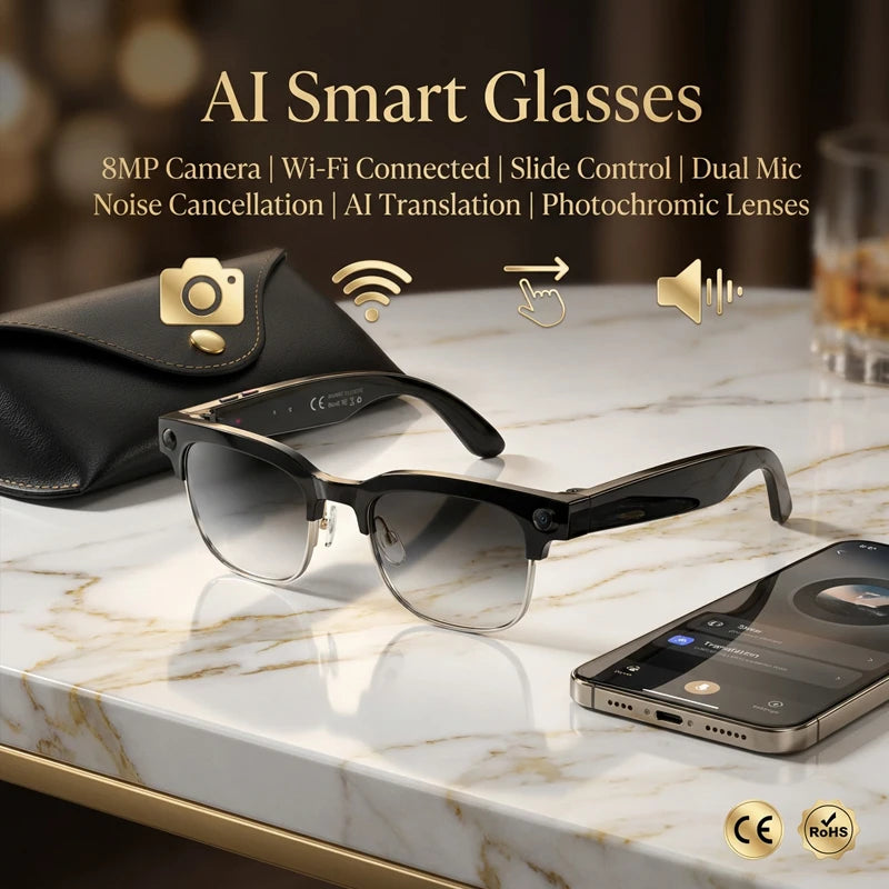 AI Smart Glasses Camera 2026 Bluetooth Headphones Translator Sunglasses Touch Control Photochromic Anti Blue Light Eyeglasses