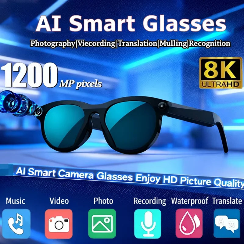 AI Smart Camera Glasses Translation 8K HD Camera Glasses Multifunctional Bluetooth 5.3 Calling Voice Assistant Music New