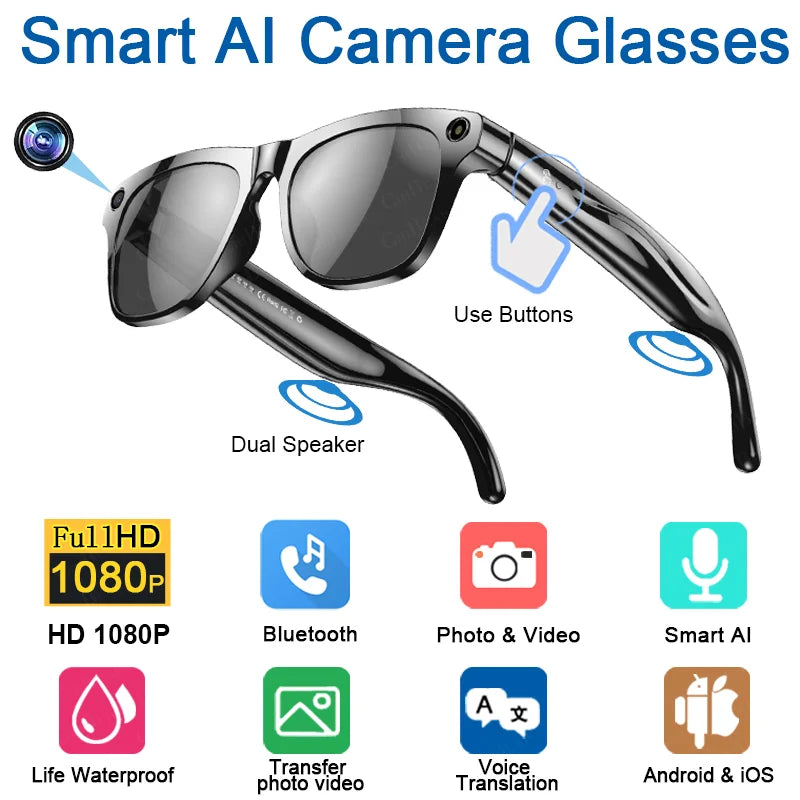 Okulary AI 1080 GPT - Kamera 100MP, Chat, Bluetooth, Asystent Muzyka, Tłumaczenie