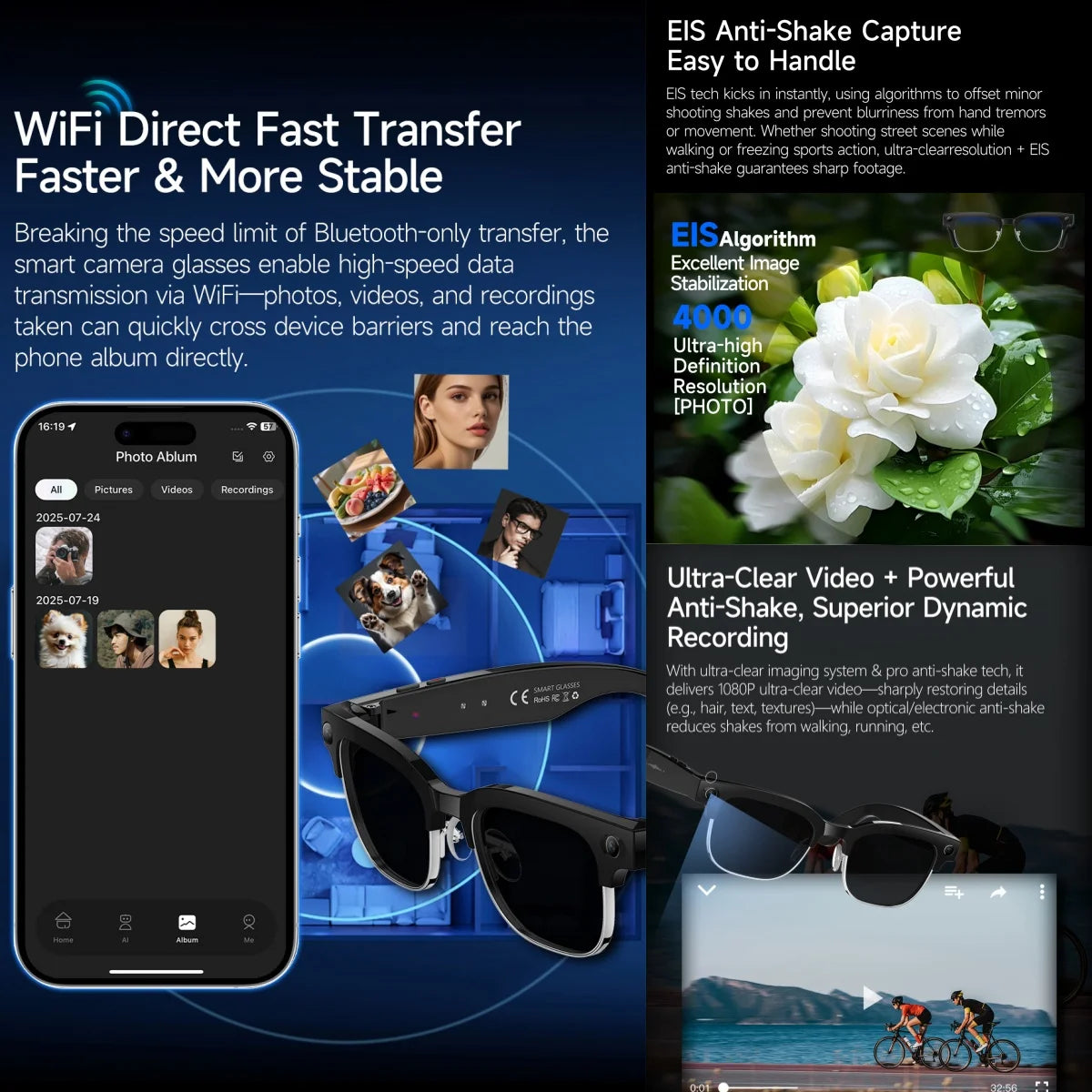 AI Smart Glasses 8 Million Pixels Recording Videos Photo Recognition Answer Translation 290mAh IP66 Waterproof Bluetooth Glasses