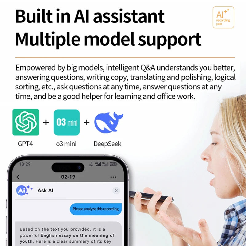 8-128GB AI Voice Recorder Real-Time Transcription Meeting Recording AI Notetaking Device 256G Mini Keychain Audio Dictaphone