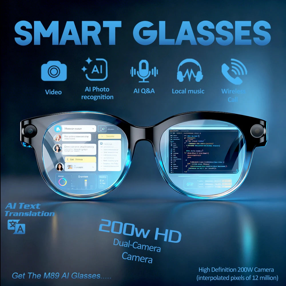 Okulary AI Smart 2026 - Kamera 200W HD, Tłumaczenie, Muzyka, Latarka LED
