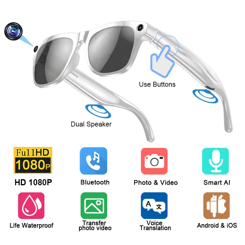 Okulary AI 1080 GPT - Kamera 100MP, Chat, Bluetooth, Asystent Muzyka, Tłumaczenie