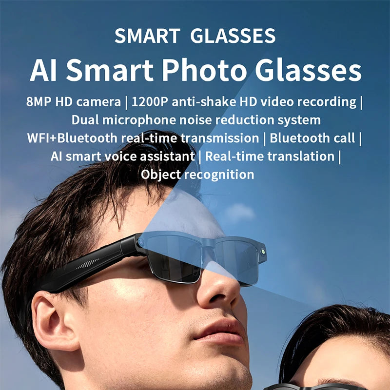 New AI Smart Glasses 8MP HD Camera AI Object Recognition Anti Shake Video Recording Voice Assistant Bluetooth Call Smart Glasses