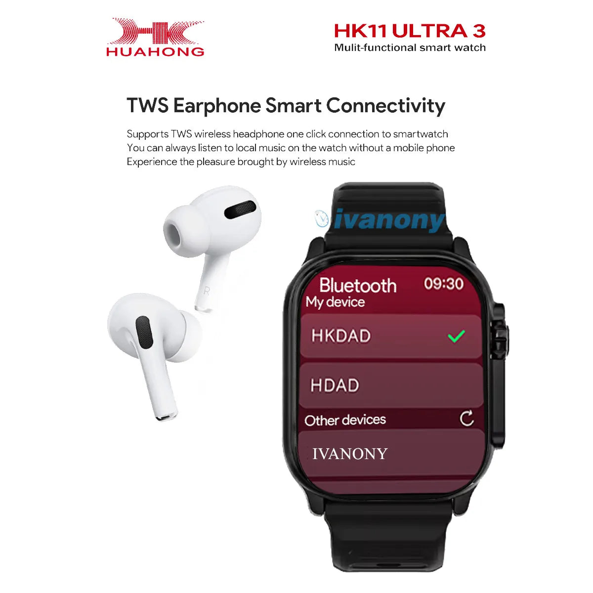 Ivanony Smart Watch HK11 ULTRA 3 2.02inch Amoled Screen Bluetooth Network Sharing AI Robot Offline Voice Wake Up Smartwatch 2025