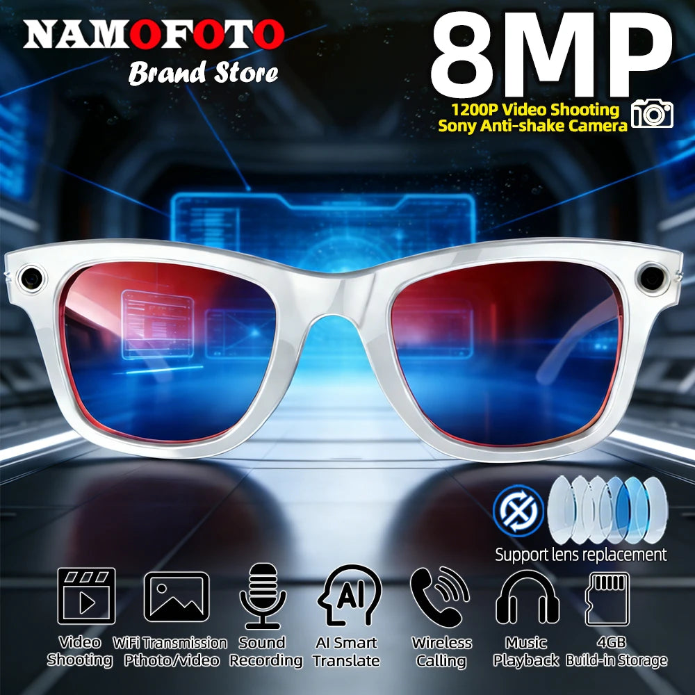 AI Smart Glasses 8MP Camera 32MP Photo 1200P Video Shooting Voice Asistant Real-time Translation BT Call Music Play Sunglasses
