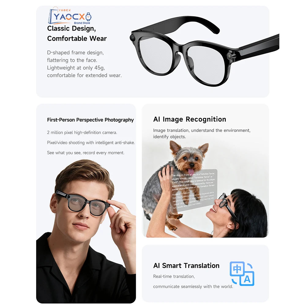 AI Smart Glasses 2026 with 200W HD Camera, 1080P Translation, AI Voice Assistant, Music Playback & LED Flashlight for Men and Wo