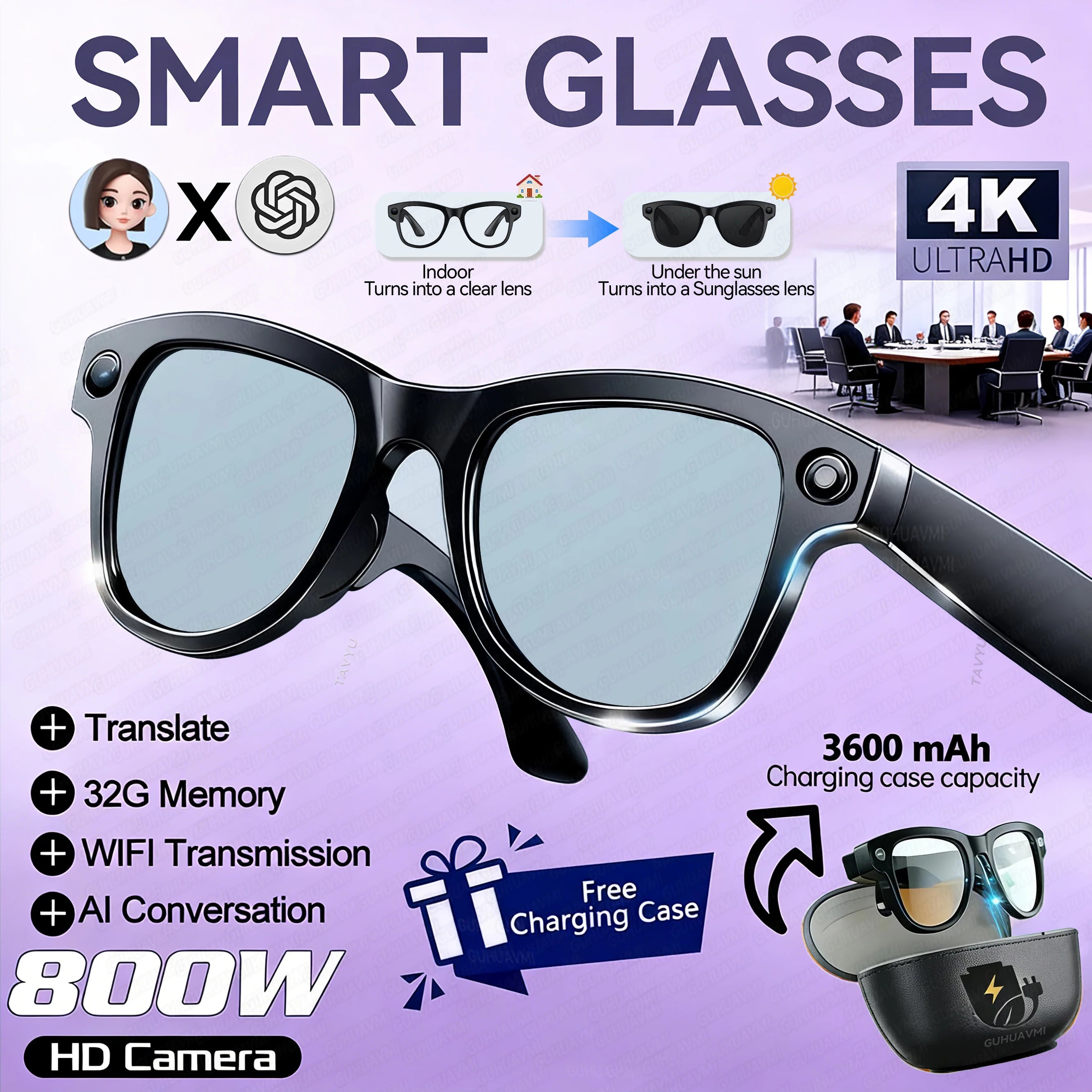 New AI Smart Glasses with 8MP Camera, 4K Video & HD Photo Bluetooth Audio , Real-Time Translation Noise-Cancel Calls Music 2026