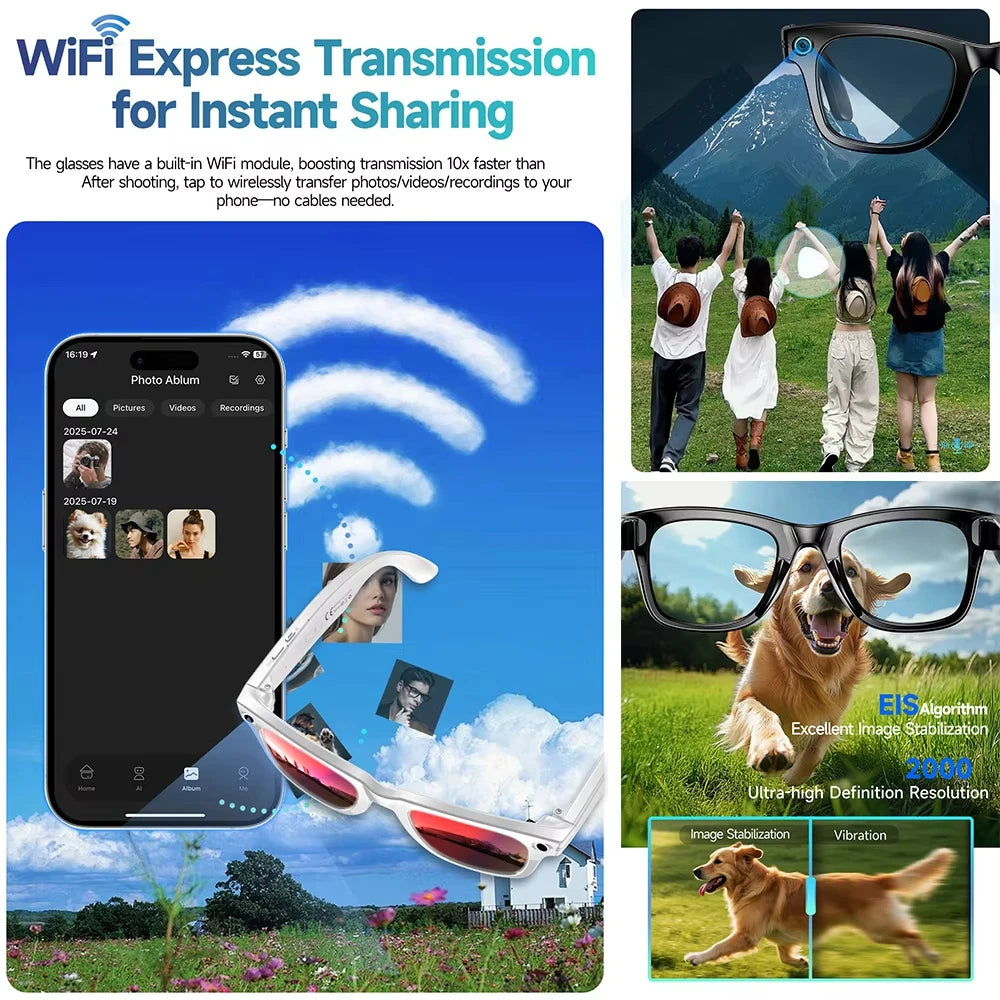 AI Smart Glasses 8MP Camera 32MP Photo 1200P Video Shooting Voice Asistant Real-time Translation BT Call Music Play Sunglasses