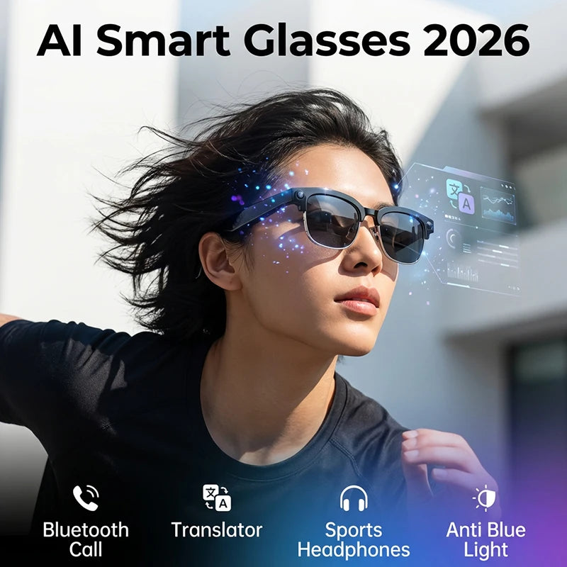 AI Smart Glasses Camera 2026 Bluetooth Headphones Translator Sunglasses Touch Control Photochromic Anti Blue Light Eyeglasses