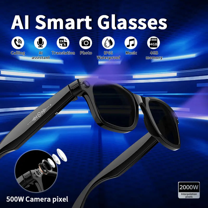 AI Smart Glasses 5 Million Pixels Recording Videos Photo Recognition Answer Translation 290mAh IP66 Waterproof Bluetooth Glasses