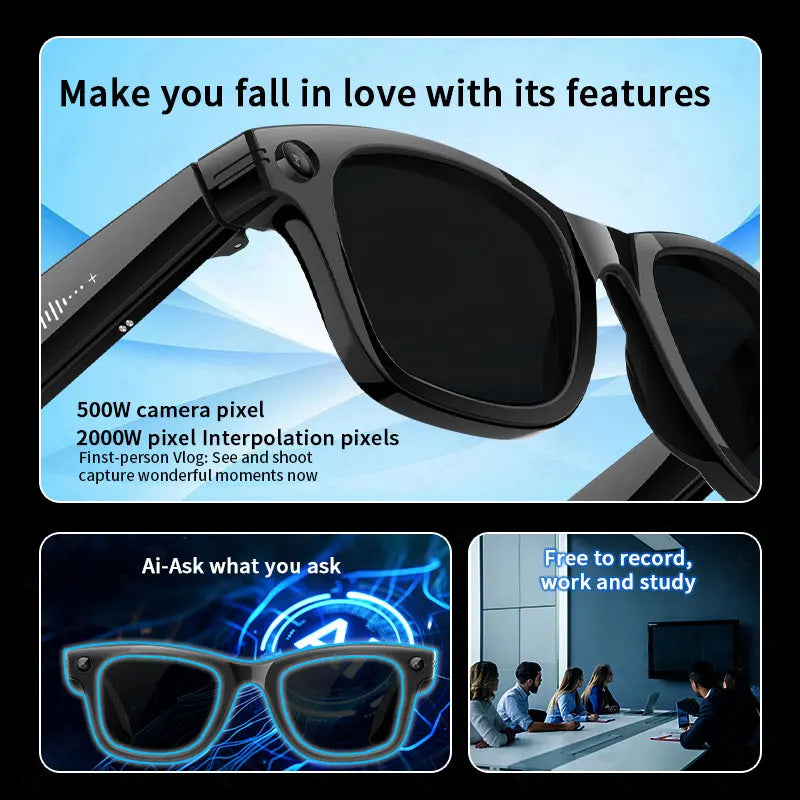 AI Smart Glasses 5 Million Pixels Recording Videos Photo Recognition Answer Translation 290mAh IP66 Waterproof Bluetooth Glasses