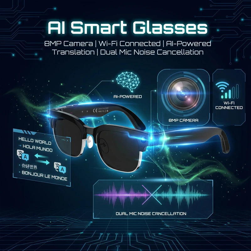AI Smart Glasses Camera 2026 Bluetooth Headphones Translator Sunglasses Touch Control Photochromic Anti Blue Light Eyeglasses
