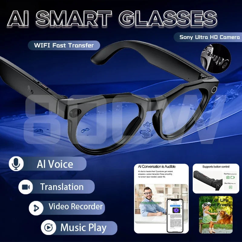 Okulary AI 2026 - Wideo 4K HD, Kamera 800MP, WiFi, Chat GPT, Asystent, Rozpoznawanie