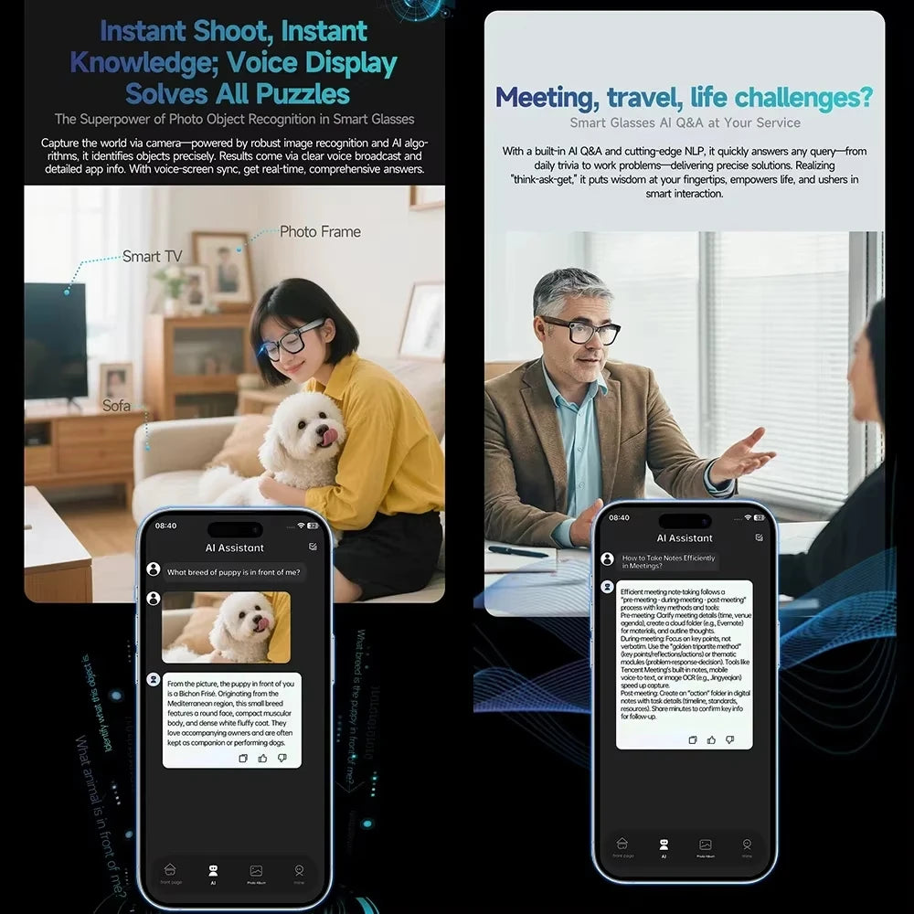 AI Smart Glasses 8MP Camera 32MP Photo 1200P Video Shooting Voice Asistant Real-time Translation BT Call Music Play Sunglasses