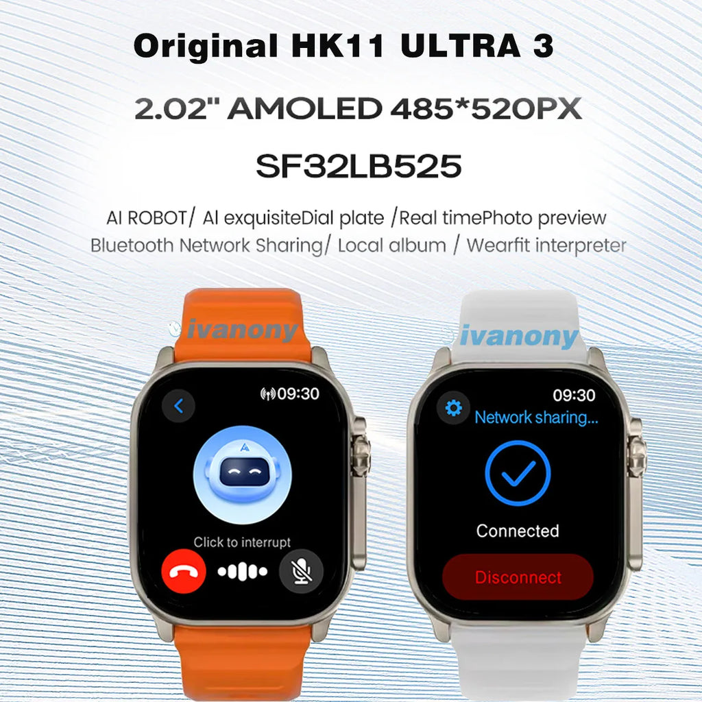 Ivanony Smart Watch HK11 ULTRA 3 2.02inch Amoled Screen Bluetooth Network Sharing AI Robot Offline Voice Wake Up Smartwatch 2025