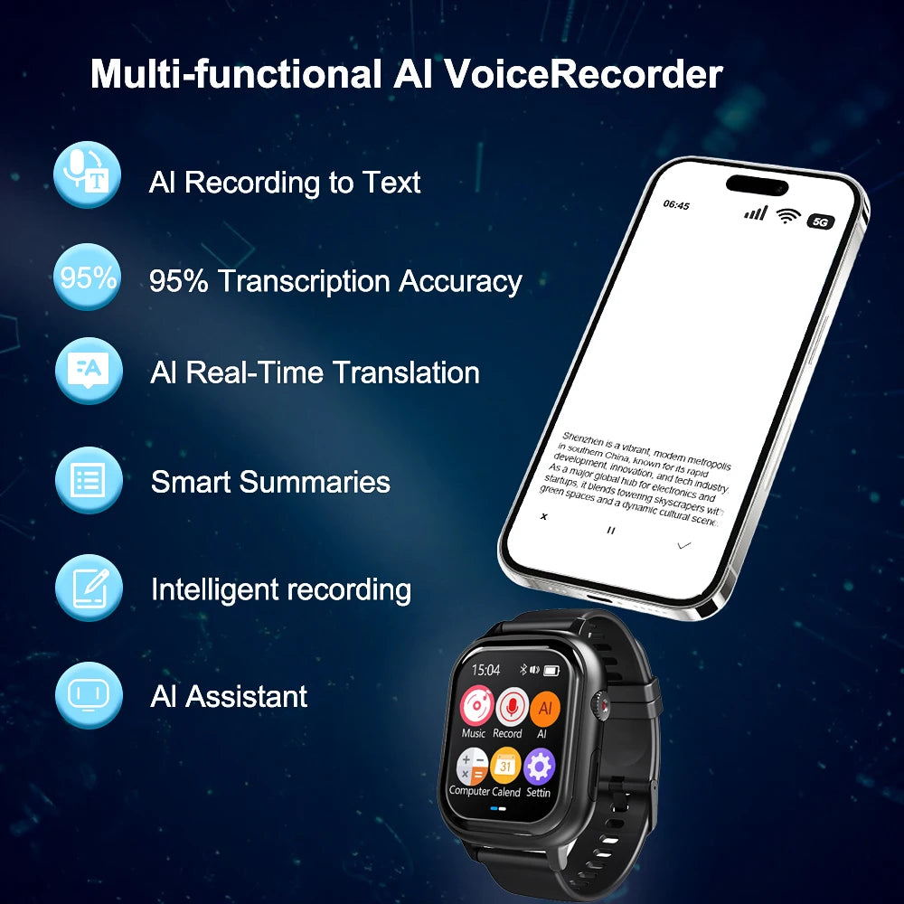V82 Watch AI Touchable Voice Recorder AI Translation Summarization Real-Time Multilingual Blue Tooth Connect to App Large Screen