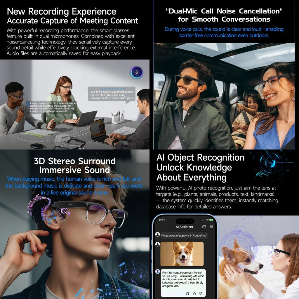 Okulary AI Smart - 8MP, Nagrywanie Wideo, Rozpoznawanie Zdjęć, IP66 Wodoodporne