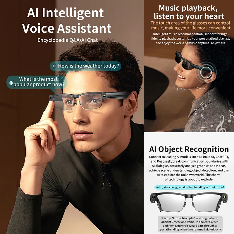 New AI Smart Glasses 8MP HD Camera AI Object Recognition Anti Shake Video Recording Voice Assistant Bluetooth Call Smart Glasses