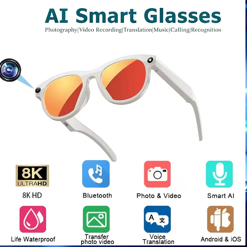 AI Smart Camera Glasses Translation 8K HD Camera Glasses Multifunctional Bluetooth 5.3 Calling Voice Assistant Music New