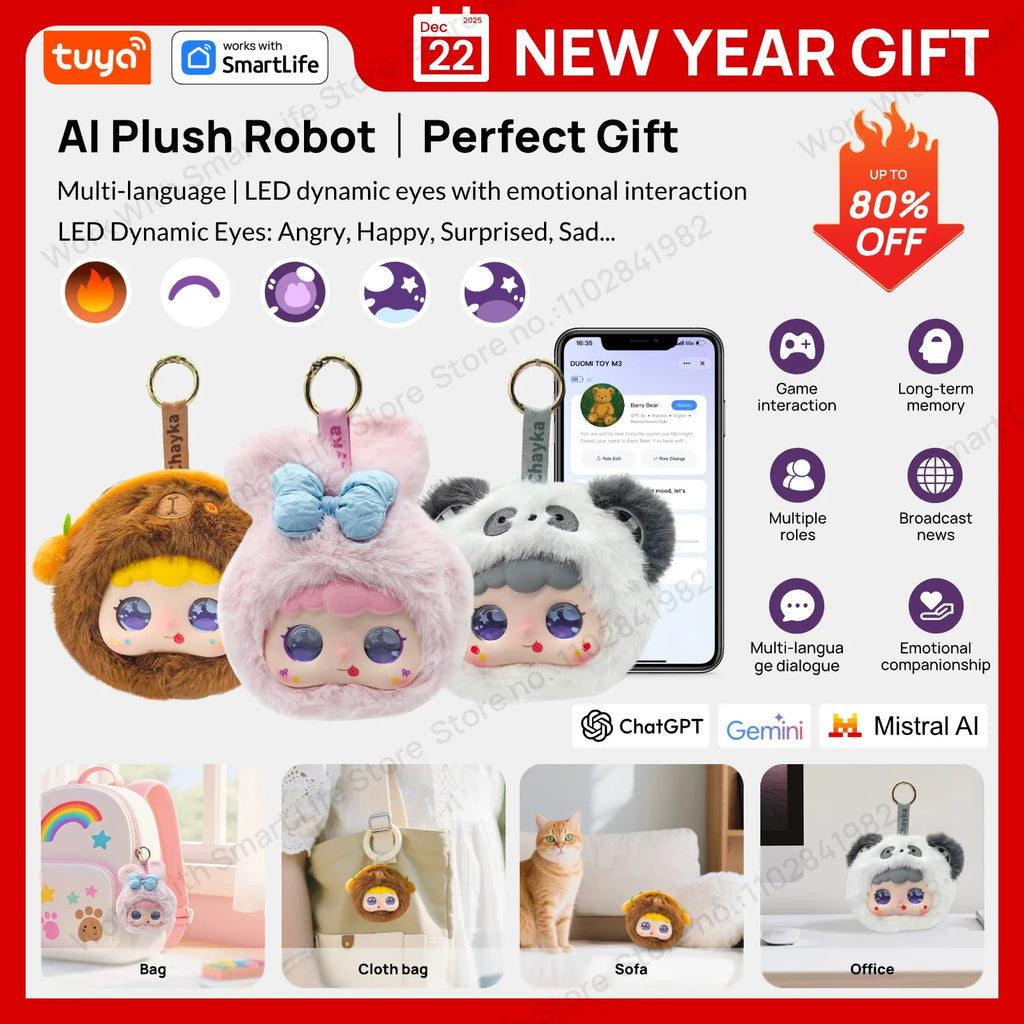 Tuya Smart  AI Plush Robot w/LED Eyes & Voice Control,Interactive Smart Toy USB Rechargeable Companion for Kids Gifts/Smart Home