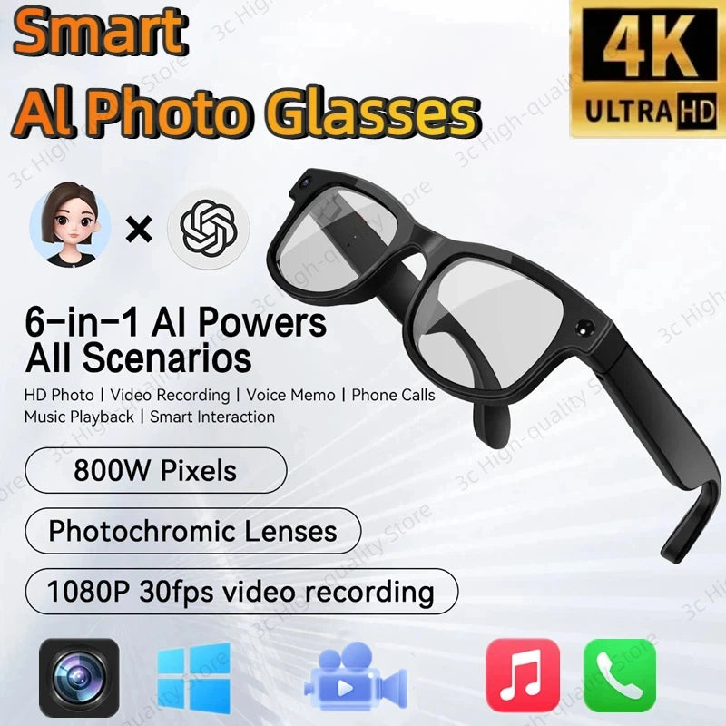 800W Smart AI glasses camera Bluetooth video recording calling AI translation music control ChatGPT Long Battery Life Glasses